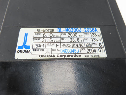Okuma BL-MC300J-20SBA AC Servo Motor 6kW 2000 RPM 133V 28.6A 3PH With Encoder