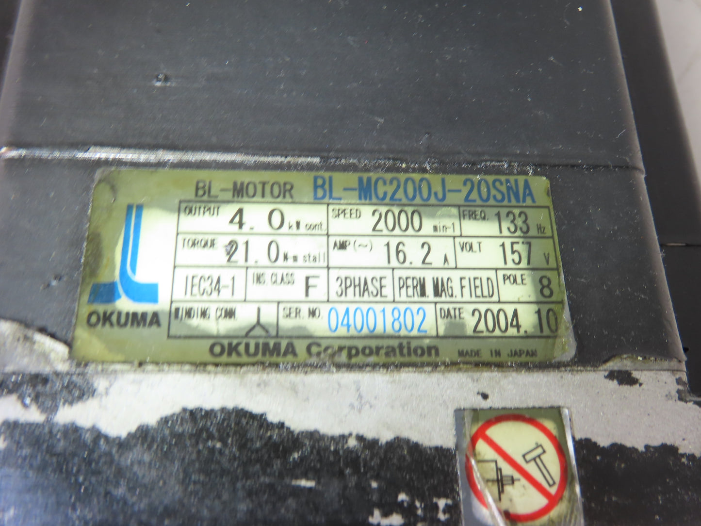 Okuma BL-MC200J-20SNA AC Servo Motor 4kW 2000 RPM 157V 16.2A 3PH With Encoder