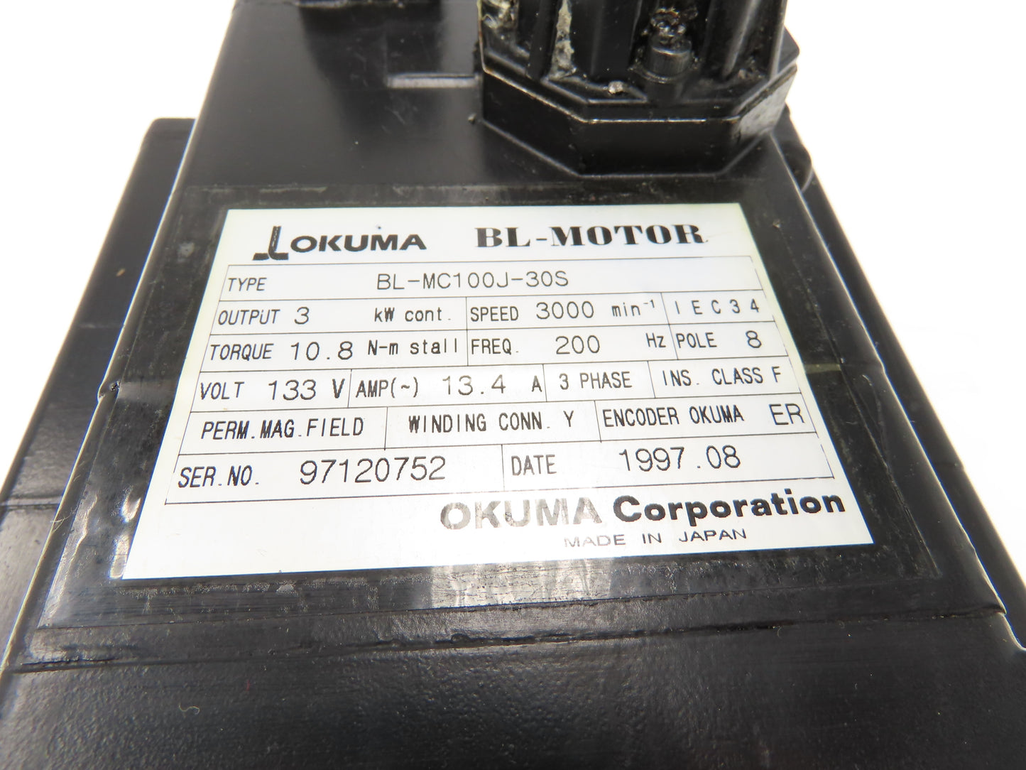 Okuma BL-MC100J-30S AC Servo Motor 3kW 3000 RPM 13.4A 133V 3PH With Encoder