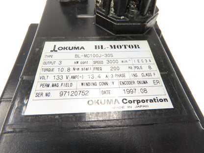 Okuma BL-MC100J-30S AC Servo Motor 3kW 3000 RPM 13.4A 133V 3PH With Encoder