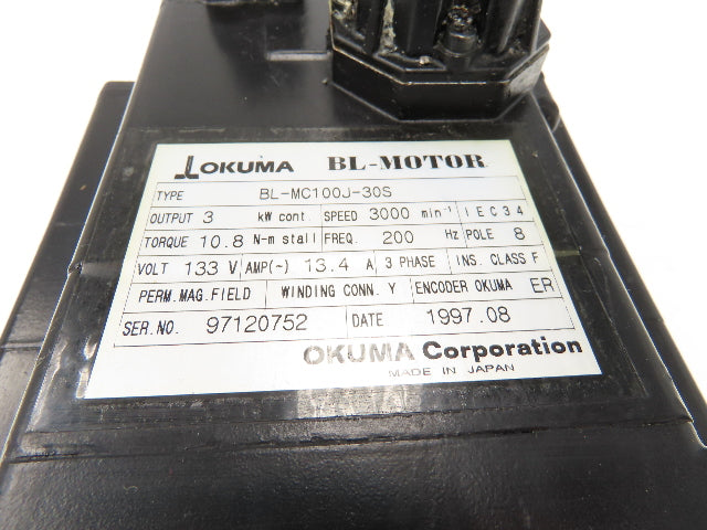 Okuma BL-MC100J-30S AC Servo Motor 3kW 3000 RPM 13.4A 133V 3PH With Encoder