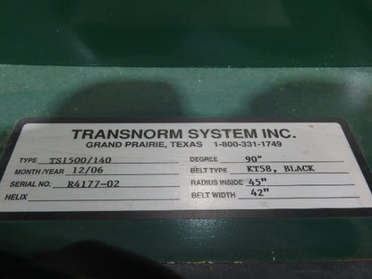 Transnorm TS1500/140 90° LH Curve 42" Belt Conveyor 200FPM Belt Drive 460V 3PH