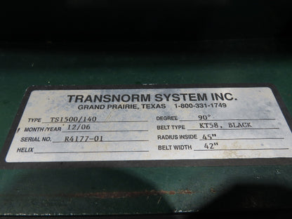 Transnorm TS1500/140 90° LH Curve 42" Belt Conveyor 200FPM Belt Drive 460V 3PH