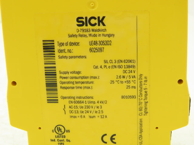 Sick UE48-30S3D2 6025097 Safety Relay 24VDC 2.6W/ 5VA Din Rail Mount