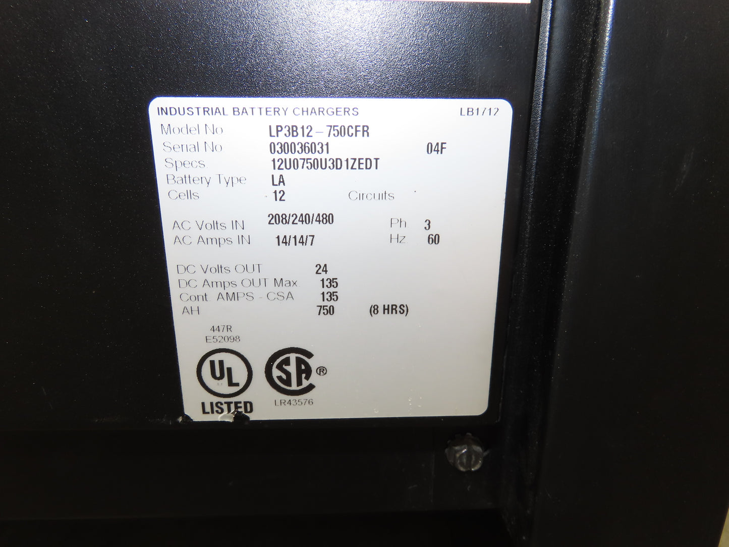 Douglas LP3B12 Legacy Forklift Battery Charger 24V 750Ah 135A 208/240/480V 3Ph