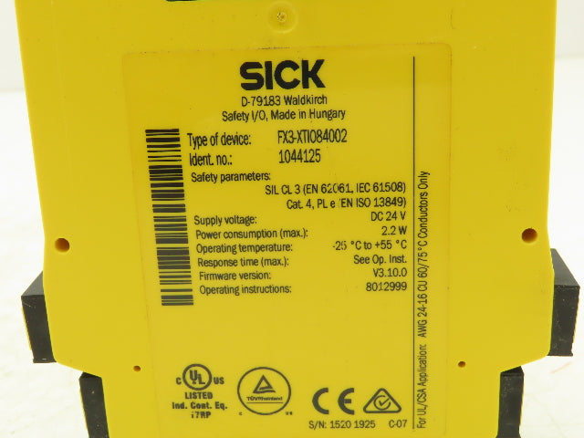 Sick FX3-XTI084002 Flexi Soft Safety Controller 1044125 24VDC 2.2 W FW V3.10.0