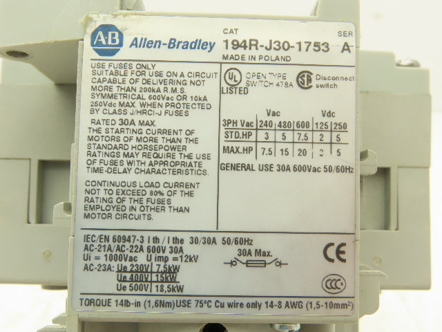 Allen Bradley 194R-J30-1753 Fused Disconnect Switch  3-Pole 30A 600VAC Ser A