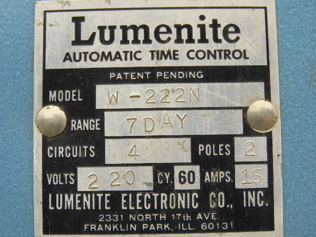 Lumenite Electronic W-222N Automatic Time Control 7 Day 220V 60Hz 15 Amp Vintage