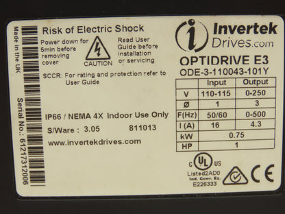 Intertek ODE-3-110043-101Y Optidrive E3 VFD 1HP 4.3A 115 1PH/3PH Variable Drive