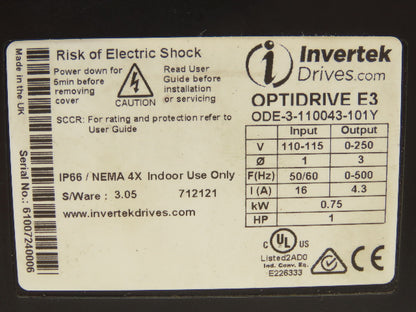 Intertek ODE-3-110043-101Y Optidrive E3 VFD 1HP 4.3A 115 1PH/3PH Variable Drive