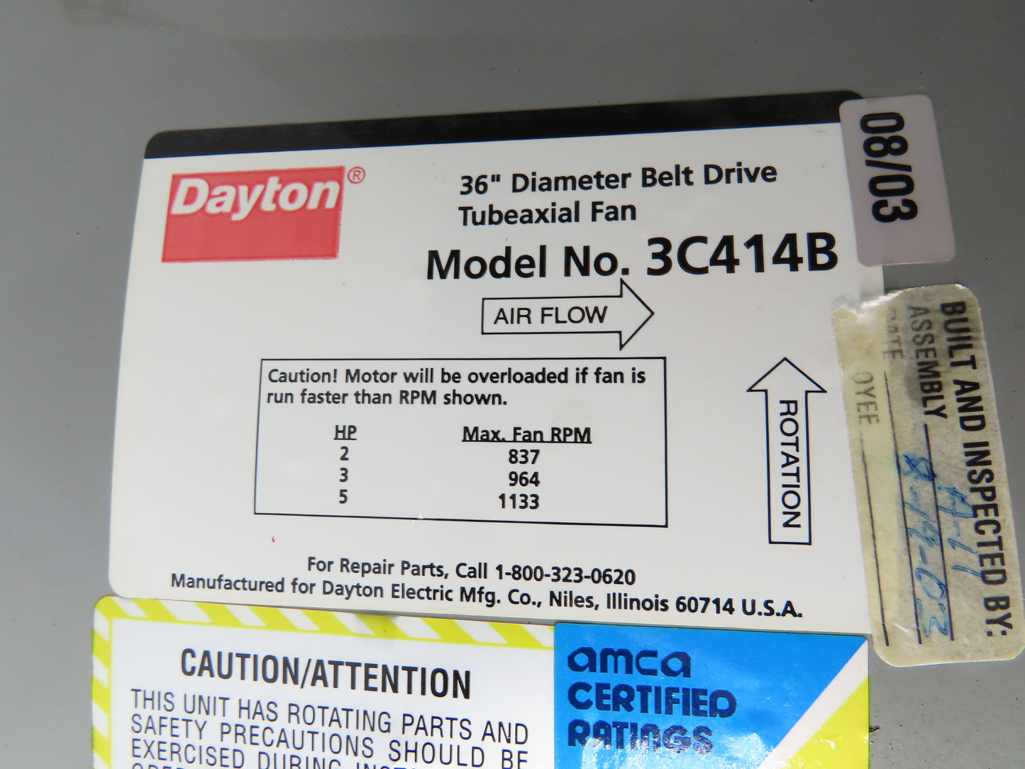 Dayton 3C414B Tubeaxial Fan 36" Belt Drive 5 Hp Motor 208-230/460V Ventilation