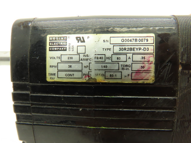 Bodine 30R2BEYP-D3 Gearmotor 1/40Hp 230V 50:1 Ratio 36rpm Parallel Shaft 12mm