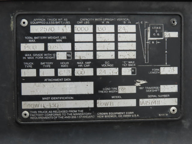 Crown 40WTL Straddle Pallet Stacker Forklift 4000 lb Lift 130" Max 24V 1351H