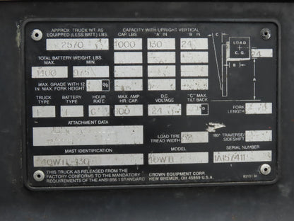 Crown 40WTL Straddle Pallet Stacker Forklift 4000 lb Lift 130" Max 24V 1351H