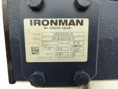 Grove Gear Ironman GR-B-824-60-R Worm Gearbox 60:1 Reducer 1Hp 29rpm RH Output