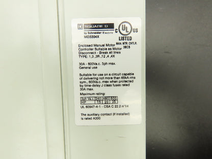 Square D MD3304X Enclosed Manual Motor Disconnect Switch 30A 600VAC  Lot of 2