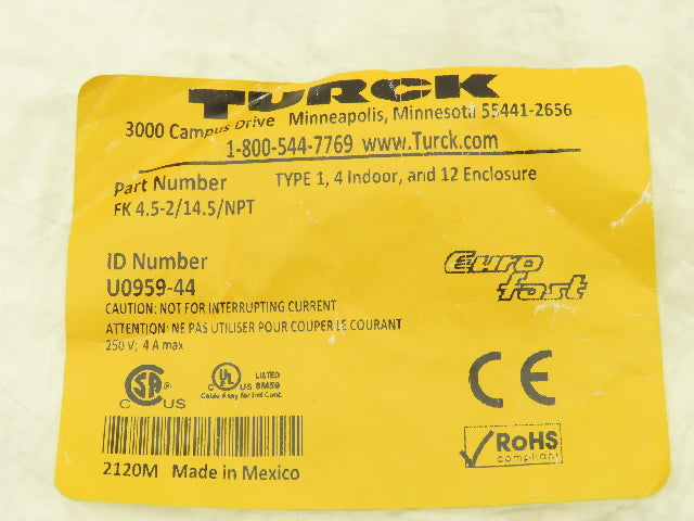 Turck FK4.5-2/14.5/NPT Actuator And Sensor Receptacle Female M12 Lot of 5