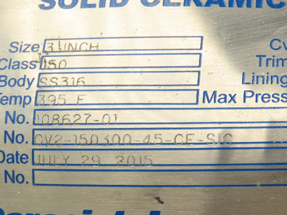 Cerecist CV2-150300-45-CE-SIC 3" Ceramic Ball Valve Silicon Carbide Lined 150psi