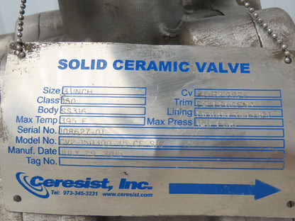 Cerecist CV2-150300-45-CE-SIC 3" Ceramic Ball Valve Silicon Carbide Lined 150psi