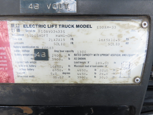 Hyster E50XM-33 Forklift Mast 189" 3-Stage Tilt Class 2 Electric 4950lbs