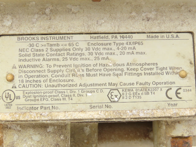 Brooks 3809E1ABBJ3A1AA Stainless Flow Tube Meter 1" Flanged DN25 MT3809