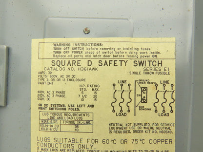 Square D H361AWK Safety Disconnect Switch Fusible 30A 600V 30HP  3 Pole Ser E1
