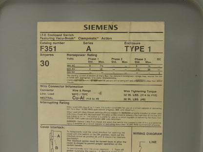 Siemens F351 ITE Enclosed Disconnect Switch Vacu-break 600VAC 30A 3Ph Lot of 2