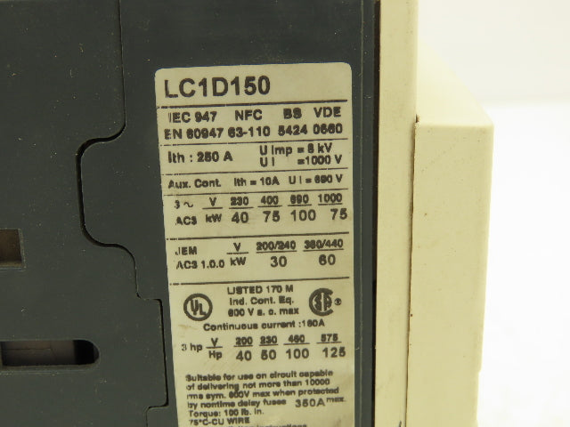 Telemecanique LC1D150 Contactor 250 Amp 3 Lug (1) Terminal Block LA9D Included