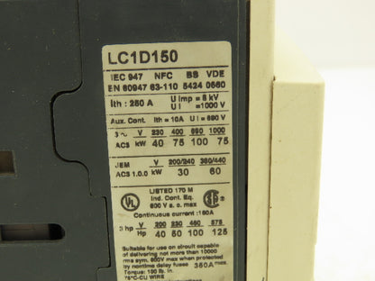 Telemecanique LC1D150 Contactor 250 Amp 3 Lug (1) Terminal Block LA9D Included