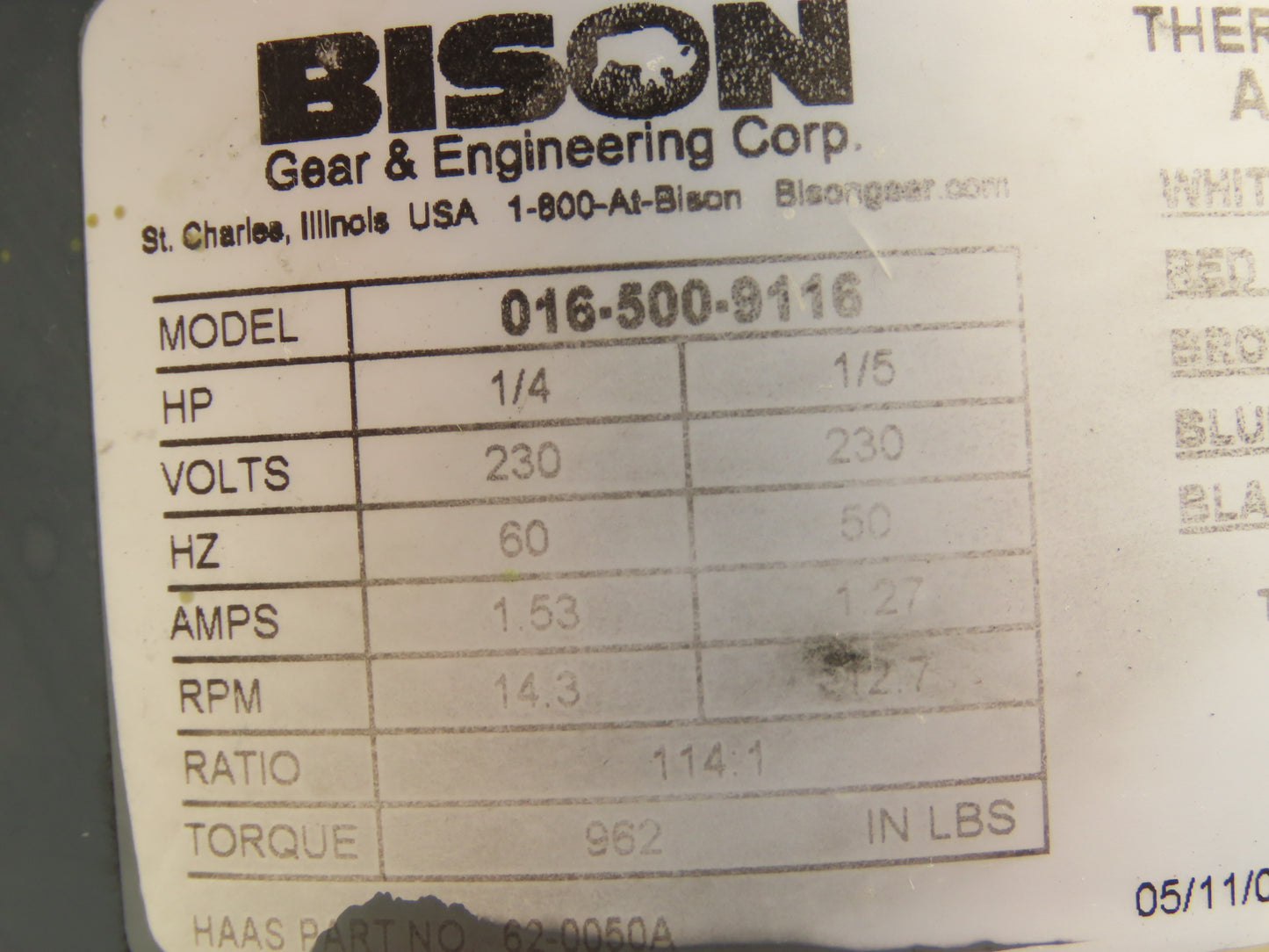 Bison 016-500-9116 Offset Parallel Gearmotor 1/4Hp 230VAC 114:1 Ratio 14.3 RPM