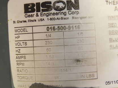 Bison 016-500-9116 Offset Parallel Gearmotor 1/4Hp 230VAC 114:1 Ratio 14.3 RPM