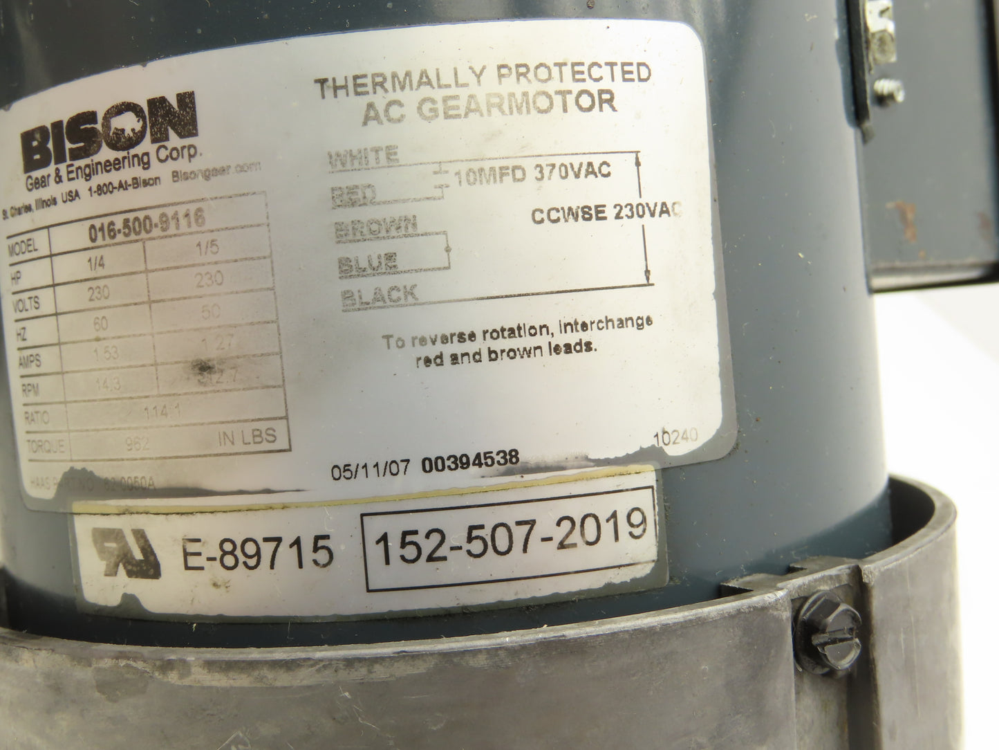 Bison 016-500-9116 Offset Parallel Gearmotor 1/4Hp 230VAC 114:1 Ratio 14.3 RPM