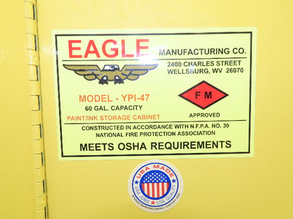 Eagle Flammable Safety Cabinet 60 Gallon Yellow 4 Shelf Dual Door Liquid
