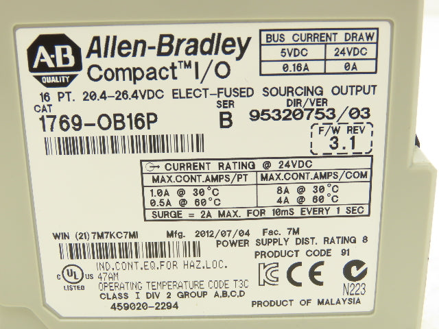 Allen Bradley 1769-OB16P Compact I/O 24VDC F/W 3.1 Output Module Ser B Lot of 2