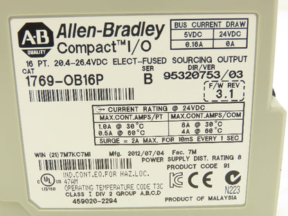 Allen Bradley 1769-OB16P Compact I/O 24VDC F/W 3.1 Output Module Ser B Lot of 2