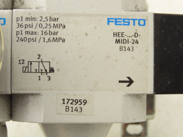 Festo Solenoid Operated On/Off Piston Gate Valve with Filter Regulator 240PSI