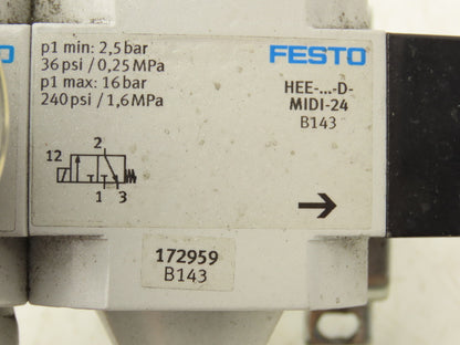 Festo Solenoid Operated On/Off Piston Gate Valve with Filter Regulator 240PSI