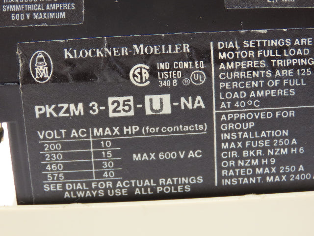 Klockner Moeller PKZM 3-25-U-NA Manual Motor Starter 3 Pole Thermal Overload 25A