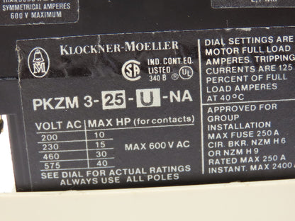Klockner Moeller PKZM 3-25-U-NA Manual Motor Starter 3 Pole Thermal Overload 25A