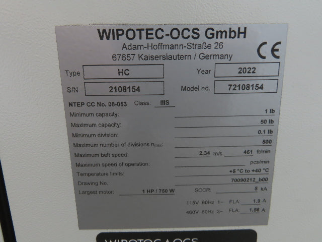 Wipotec OCS HC-SL Checkweigher High Speed Belt Weigh Conveyor w/Control Panel