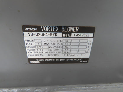 Hitachi VB-020E4-KYK Regenerative Vortex Blower 2.1kW 460V 106CFM 1-1/2" NPT