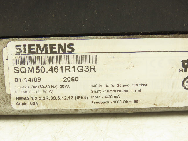 Siemens SQM50.461R1G3R Damper Actuator Motor 90 Deg 140 In-Lb 10mm Shaft 120V