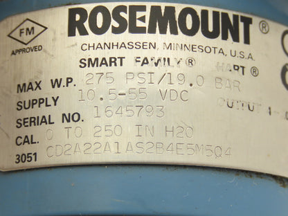 Rosemount 3051 CD2A22A1AS2B4E5M5Q4 Pressure Transmitter 0-250"H2O 275psi