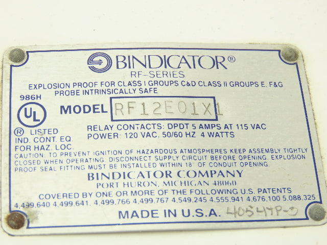 Bindicator RF12E01X1 RF Series Level Transmitter Sensor 120VAC 3/4" NPT Haz Loc