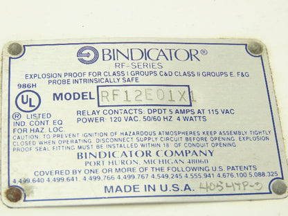 Bindicator RF12E01X1 RF Series Level Transmitter Sensor 120VAC 3/4" NPT Haz Loc