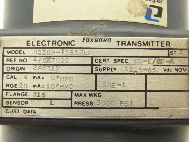 Foxboro 823DP-I3S1NL2 Pressure Transmitter 4-20mA = 10"H2O B0138NS