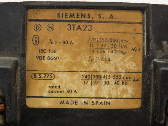 Siemens 3TA23 Auxiliary Contactor 220-500V Current Rated 40A