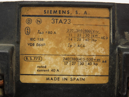 Siemens 3TA23 Auxiliary Contactor 220-500V Current Rated 40A