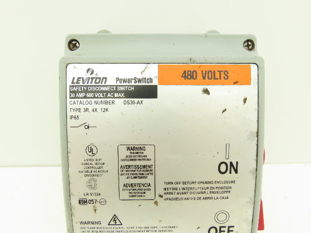 Leviton DS30-AX Safety Disconnect 30 Amp 600 Volt AC Max Enclosed Switch Type 3
