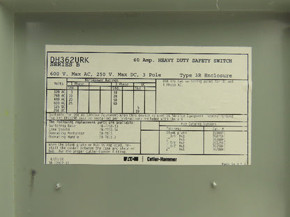 Eaton DH362URK Safety Disconnect Switch 60A 600V Non-Fusible 3 Pole 3R Enclosure